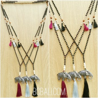 three color tassels elephant bronze caps bead necklace